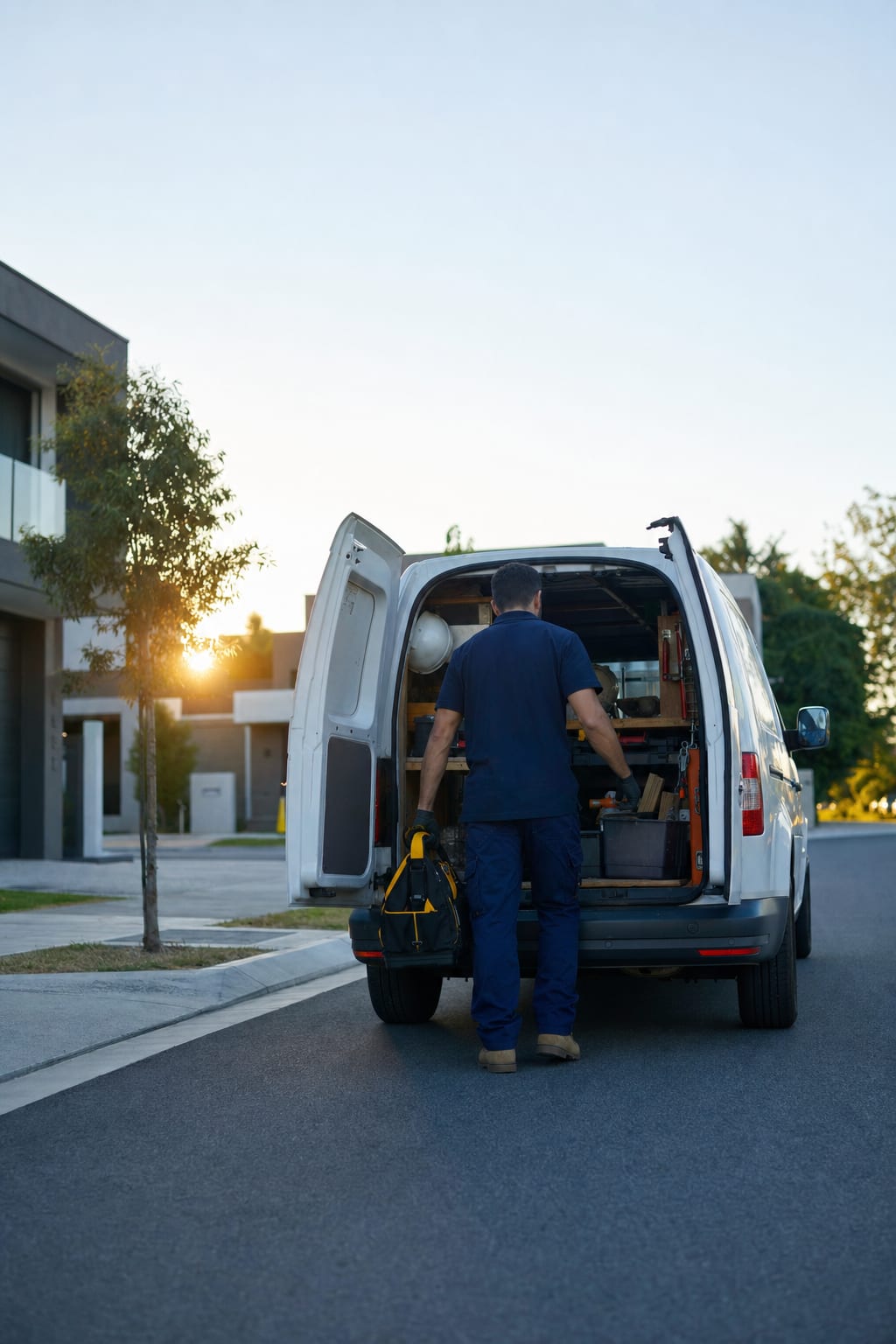 A tradesperson loading tools into a work van at sunrise, seen from behind